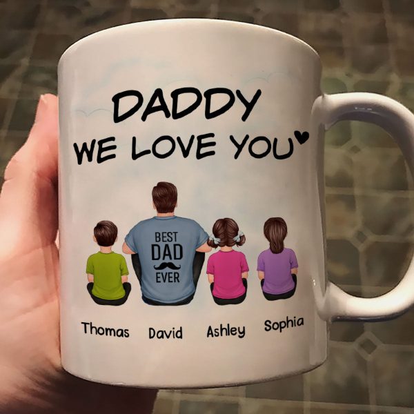 Daddy We Love You Back View Man Sitting With Kids Dog Cat Personalized Mug Hot on Sale - Image 2