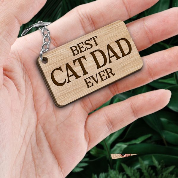 Best Cat Dad Ever Man & Fluffy Cats Personalized Wooden Keychain For Cheap - Image 2