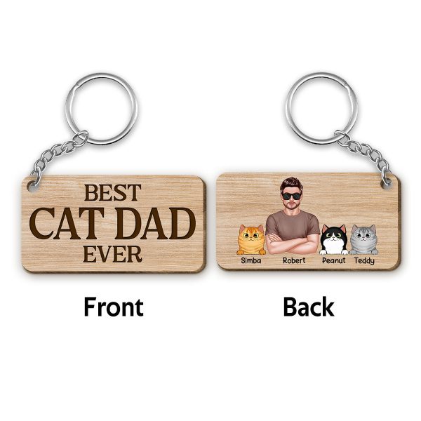 Best Cat Dad Ever Man & Fluffy Cats Personalized Wooden Keychain For Cheap