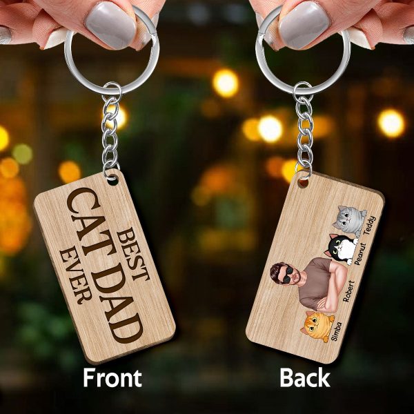Best Cat Dad Ever Man & Fluffy Cats Personalized Wooden Keychain For Cheap - Image 3