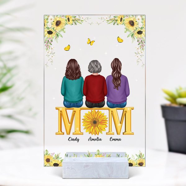 Mom Sons Daughters Back View Sitting On Text Sunflower Personalized Acrylic Plaque Online