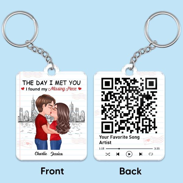 Skyline Paper Doll Couple Kissing Found My Missing Piece Favorite Song Scannable QR Code Personalized Acrylic Keychain Online