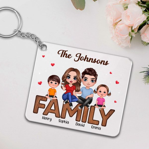 Doll Family Couple Kid Dog Cat Sitting On Text Personalized Acrylic Keychain Discount - Image 3