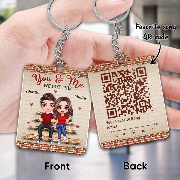 Brick Background Doll Couple Favorite Song Scannable QR Code Personalized Acrylic Keychain For Sale - Image 3