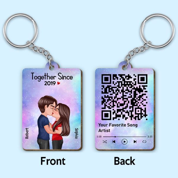 Doll Couple Kissing Together Since Favorite Song Scannable QR Code Personalized Wooden Keychain Sale