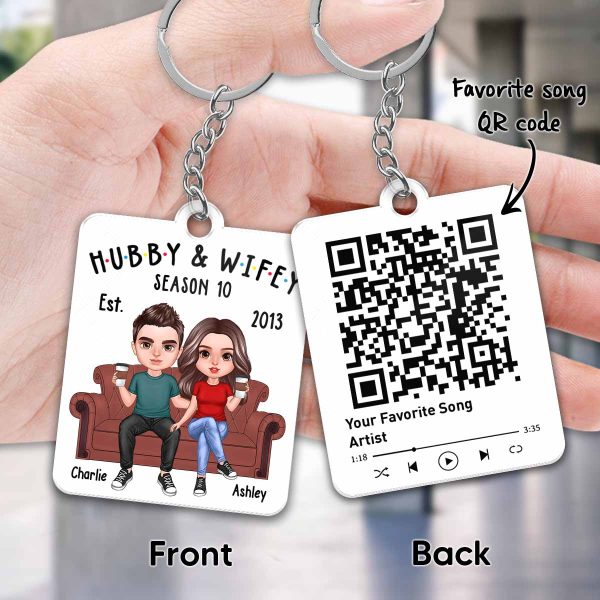 Hubby And Wifey Realistic Couple On Sofa Favorite Song Scannable QR Code Personalized Acrylic Keychain Fashion - Image 3