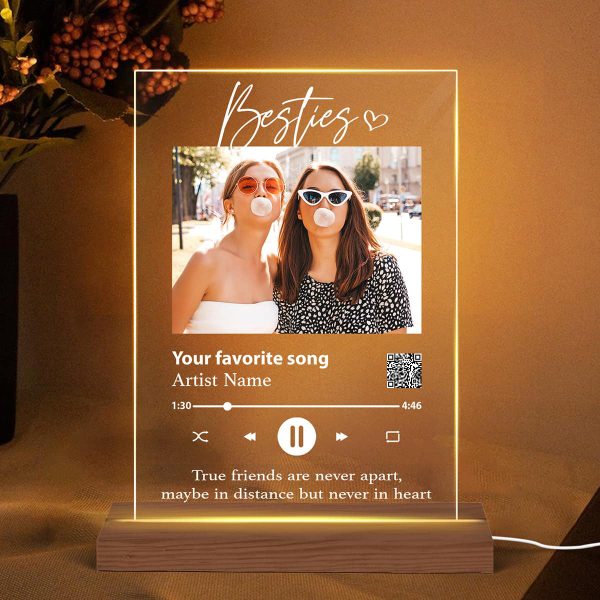 Besties Sisters Custom Photo With Scannable QR Code Favorite Song Personalized Rectangle Acrylic Plaque With LED Night Light - LED Lamp For Sale