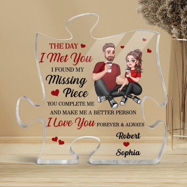 Cartoon Couple Sitting Found My Missing Piece Anniversary Gift For Him For Her Personalized Puzzle Acrylic Plaque on Sale - Image 4