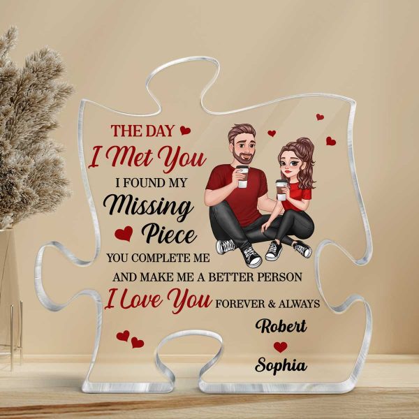 Cartoon Couple Sitting Found My Missing Piece Anniversary Gift For Him For Her Personalized Puzzle Acrylic Plaque on Sale - Image 3