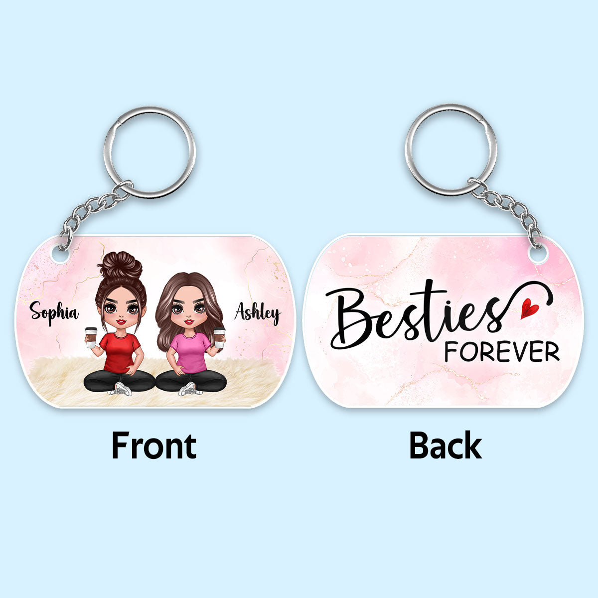 Besties Sisters Forever Watercolor Doll Girl Sitting Personalized Acrylic Keychain Online Sale