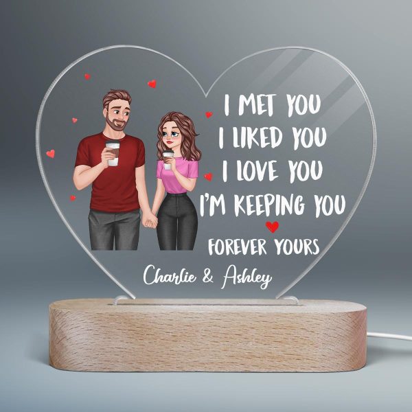 Cartoon Couple Hand In Hand I Met You Like You Love You Gift For Him For Her Personalized Acrylic Heart Plaque With LED Night Light For Sale - Image 2