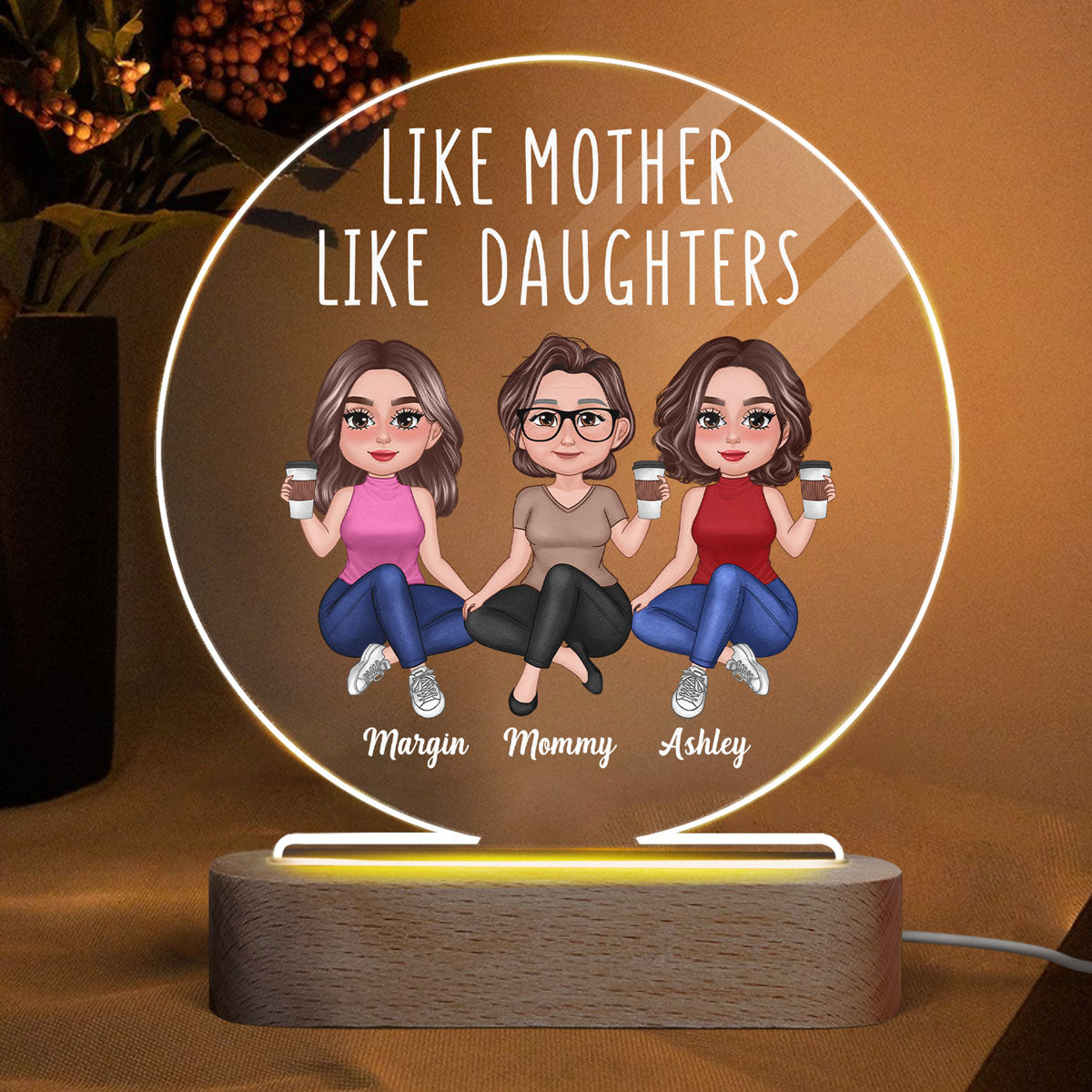 Pretty Doll Like Mother Like Daughter Sitting – Mother‘s Day Gift – Personalized Acrylic Circle LED Night Light on Sale