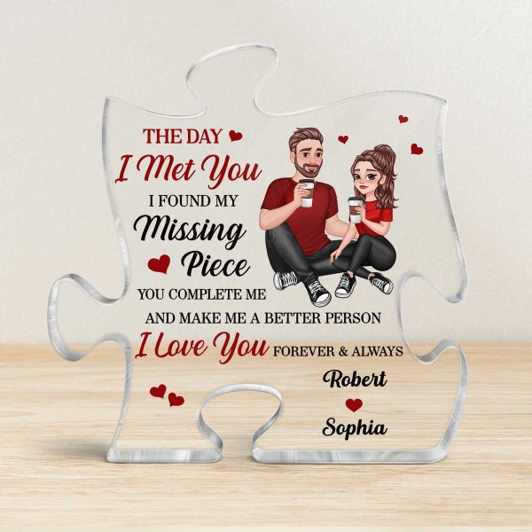 Cartoon Couple Sitting Found My Missing Piece Anniversary Gift For Him For Her Personalized Puzzle Acrylic Plaque on Sale