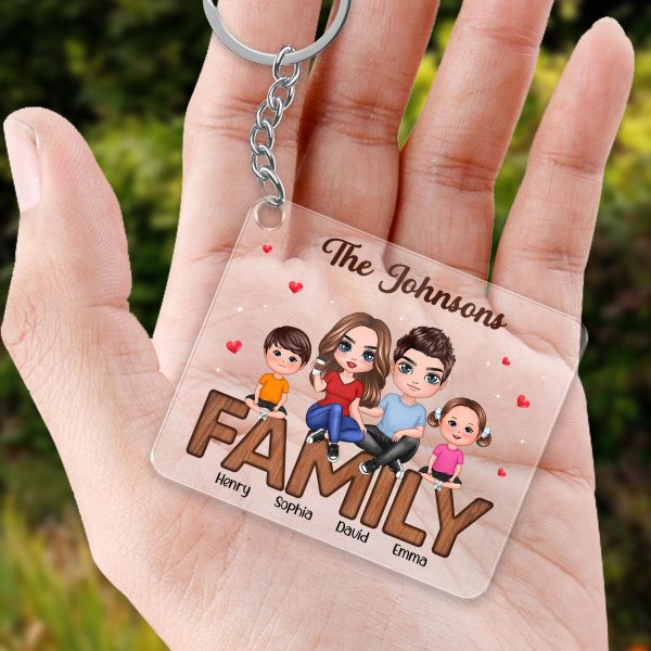Doll Family Couple Kid Dog Cat Sitting On Text Personalized Acrylic Keychain Discount
