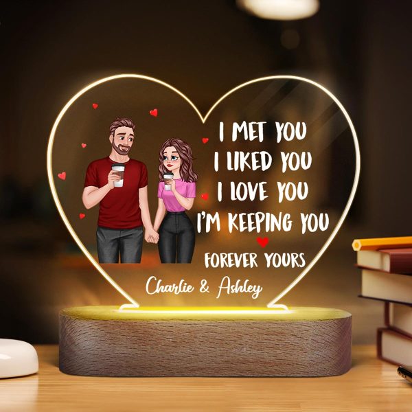 Cartoon Couple Hand In Hand I Met You Like You Love You Gift For Him For Her Personalized Acrylic Heart Plaque With LED Night Light For Sale - Image 3