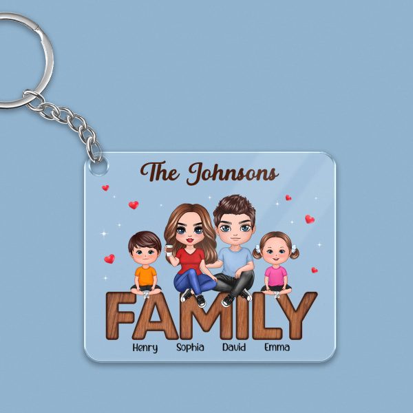 Doll Family Couple Kid Dog Cat Sitting On Text Personalized Acrylic Keychain Discount - Image 2