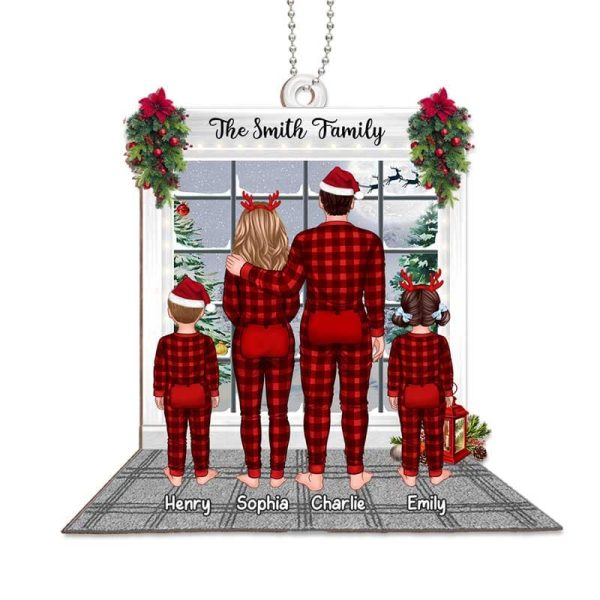 Family Pajamas Christmas By Window Personalized Wooden Ornament on Sale