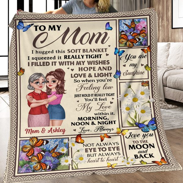 Feel My Love Within Hugging Cartoon Mom Daughter Flower Butterfly Personalized Fleece Blanket For Discount - Image 2
