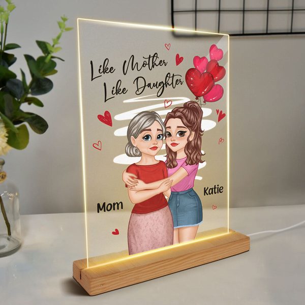 Red Hearts Like Mother Like Daughters Cartoon Hugging Mom Daughters Personalized Rectangle Acrylic Plaque With LED Night Light Online Hot Sale - Image 3