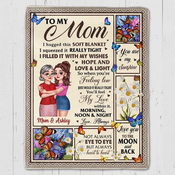 Feel My Love Within Hugging Cartoon Mom Daughter Flower Butterfly Personalized Fleece Blanket For Discount