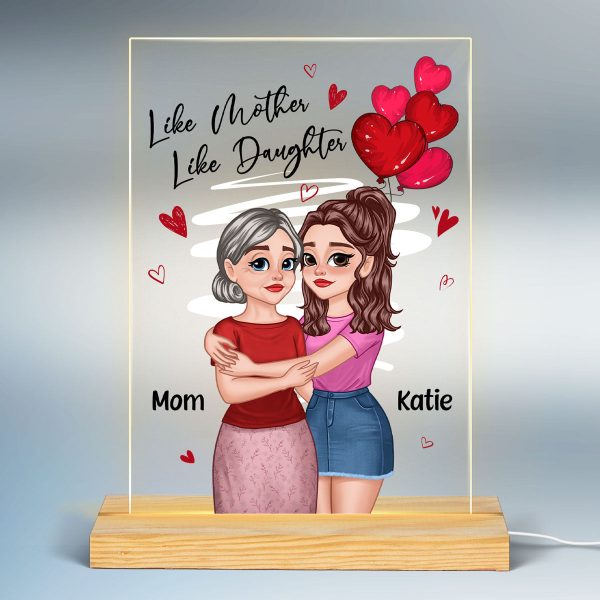 Red Hearts Like Mother Like Daughters Cartoon Hugging Mom Daughters Personalized Rectangle Acrylic Plaque With LED Night Light Online Hot Sale - Image 2