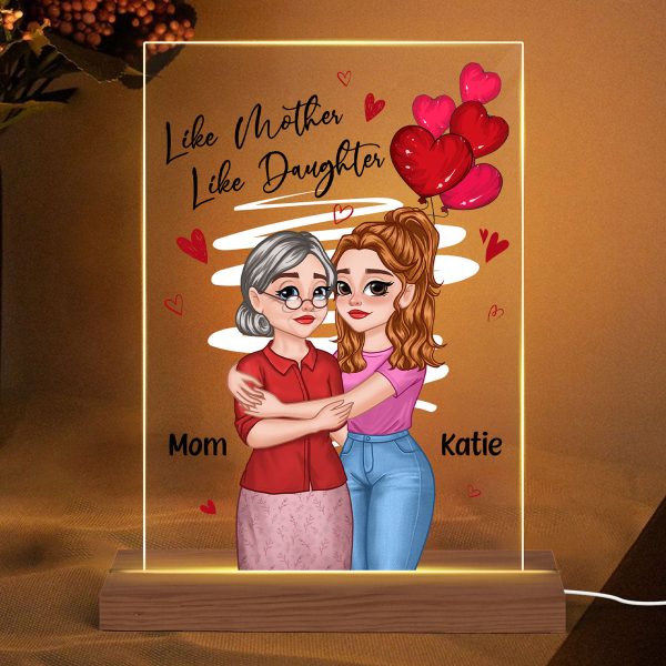 Red Hearts Like Mother Like Daughters Cartoon Hugging Mom Daughters Personalized Rectangle Acrylic Plaque With LED Night Light Online Hot Sale