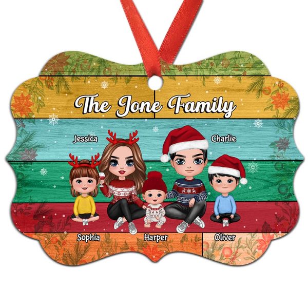 Family Sitting Colorful Plank Personalized Christmas Ornament on Sale