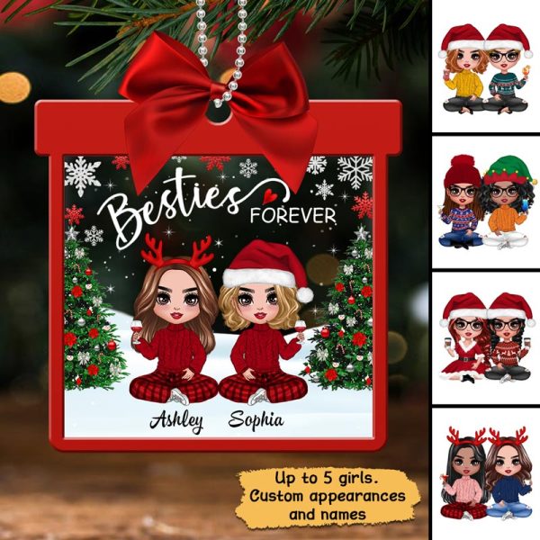Doll Besties Sisters Sitting In Gift Shape Personalized Acrylic Ornament on Sale