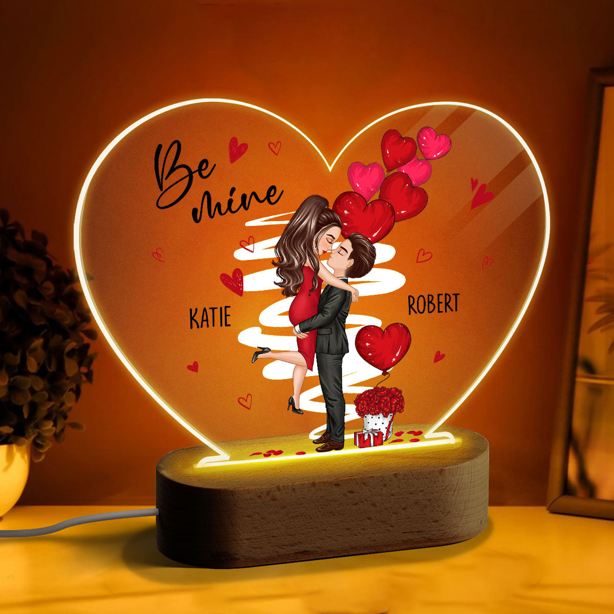 Be Mine Doll Couple Kissing Personalized Heart Plaque LED Night Light – Gift For Him Gift For Her Cheap